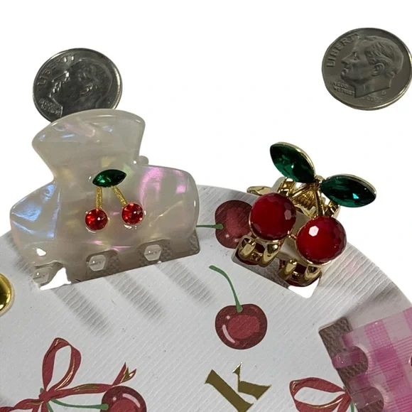 Piper K Cherry Rhinestone Mini Hair Clip Set - Cream, Red and Pink - Picture 3 of 4
